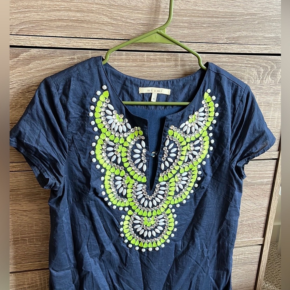 Jeweled and embroidered navy blue linen . Long tunic / worn as a mini dress